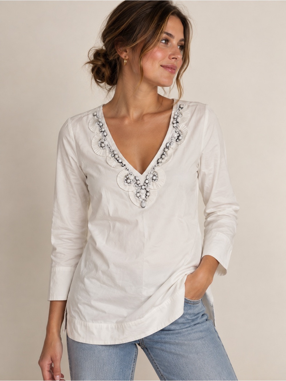 Michael Kors White Embellished V-Neck Tunic Top Size Extra Small